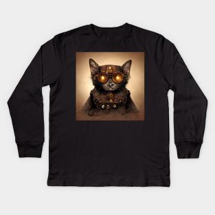 Steampunk cat looking funky in her goggles and armour. Kids Long Sleeve T-Shirt